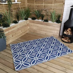 180cm X 120cm Outdoor Geometric Pattern Waterproof Rug Mat For Garden Patio In Blue