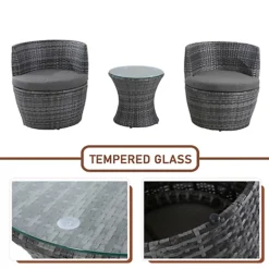 3-Piece Outdoor Rattan Bistro Set, Garden Wicker Structure Furniture Vase Chair Set With Cushion And Glass Top Coffee Table - Gray -Sansisbar Store 3 piece outdoor rattan bistro set garden wicker structure furniture vase chair set with cushion and glass top coffee table gray0739515595960 03c MP
