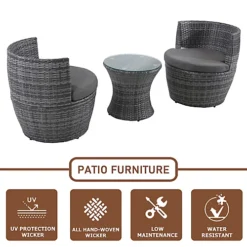 3-Piece Outdoor Rattan Bistro Set, Garden Wicker Structure Furniture Vase Chair Set With Cushion And Glass Top Coffee Table - Gray -Sansisbar Store 3 piece outdoor rattan bistro set garden wicker structure furniture vase chair set with cushion and glass top coffee table gray0739515595960 04c MP