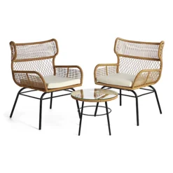 Beautify BTFY Rattan Effect Bistro Set, Weatherproof Boho 2 Seater Patio Set, Wing Back Armchairs, Cushions & Glass Top Table