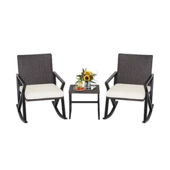 Costway 3 Piece Outdoor Wicker Rocking Chair Set W/ 2 Wicker Rocking Chair & 1 Coffee Table