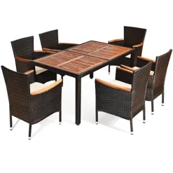 Costway 7 PCS Patio Dining Set Outdoor Wicker Furniture Set W/ Acacia Wood Tabletop