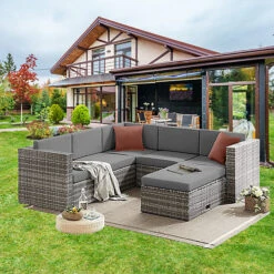 EVRE 6 Seat Grey Rattan Outdoor Garden Furniture Sofa Set - Monaco With Coffee Table And Weatherproof Cover -Sansisbar Store evre 6 seat grey rattan outdoor garden furniture sofa set monaco with coffee table and weatherproof cover5060381724266 03c MP