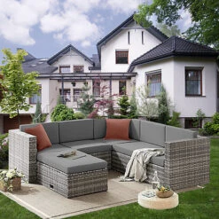 EVRE 6 Seat Grey Rattan Outdoor Garden Furniture Sofa Set - Monaco With Coffee Table And Weatherproof Cover -Sansisbar Store evre 6 seat grey rattan outdoor garden furniture sofa set monaco with coffee table and weatherproof cover5060381724266 04c MP