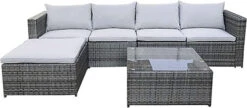 Evre Grey Rattan Outdoor Miami 5 Seater Garden Furniture Set With Coffee Table, Foot Stool