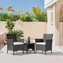 GardenCo 2 Black Seat Rattan Bistro Set With Low Glass Top Storage Table & Two Chairs - Outdoor Garden Furniture