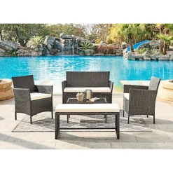 Maya 5 Piece Rattan Garden Lounge Set Outdoor Patio With Bench & Table, Black
