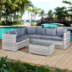 Oseasons Acorn Rattan 6 Seat Corner Sofa Set In Dove Grey