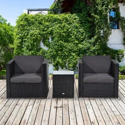Outsunny 3Pcs Patio 2 Seater Rattan Sofa Garden Furniture Set Coffee With Cushions Black