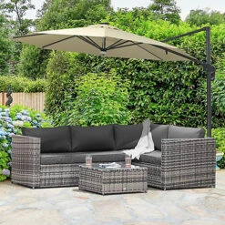 Outsunny 3Pcs Rattan Corner Sofa Set Coffee Table Garden Furniture With Cushion Grey