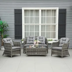 Outsunny 4 PCs Rattan Wicker Sofa Set Outdoor Conservatory Furniture With Cushion