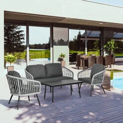 Outsunny 4 Piece Rattan Patio Furniture Set With 2 Sofa 1 Loveseat & Coffee Table