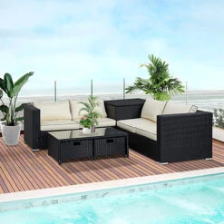 Sansisbar Store 5 Outsunny 4Pcs Patio Rattan Sofa Garden Furniture Set Table With Cushions Black