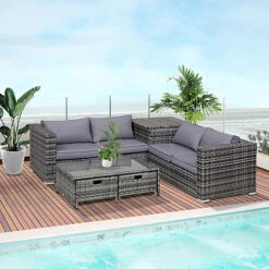 Outsunny 4Pcs Patio Rattan Sofa Garden Furniture Set Table With Cushions Grey