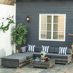 Outsunny 6 Pieces Rattan Furniture Set Conservatory Sofa Deluxe Wicker Garden Grey