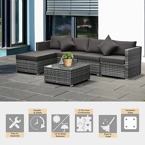 Outsunny 6 Pieces Rattan Furniture Set Garden Sofa Conservatory Wicker Grey 3 Outsunny 6 Pieces Rattan Furniture Set Garden Sofa Conservatory Wicker Grey - Image 3