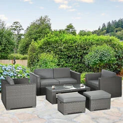 Outsunny 6pc Garden Furniture Set Rattan Sofa Outdoor Wicker Table Ottoman Stool