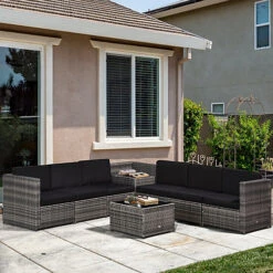 Outsunny 8Pcs Patio Rattan Sofa Set Garden Furniture Side Table With Cushion Grey