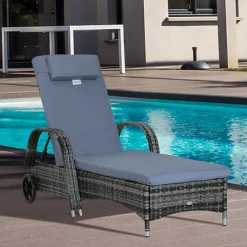 Outsunny Adjustable Wicker Rattan Sun Lounger Recliner Chair With Cushion Grey