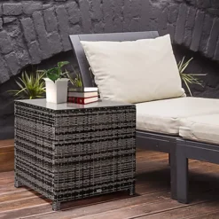 Outsunny Side Table Furniture Tempered Glass Garden Patio Wicker Mixed Grey