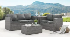 Paloma 4 Piece Outdoor Sofa Grey Rattan Garden Set With Ottoman Chest Storage Tables Dark Grey Cushions