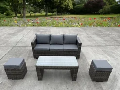 Sansisbar Store 3 RATTAN WICKER GARDEN OUTDOOR 3 THREE SEATER SOFA CONSERVATORY FURNITURE PATIO COFFEE TABLE STOOLS STORAGE DINING SET GREY