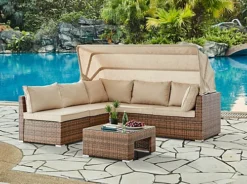 Rhodes Rattan Sun Bed Garden Furniture Set Outdoor Lounge Sofa Chair Bed Table Modular, Brown